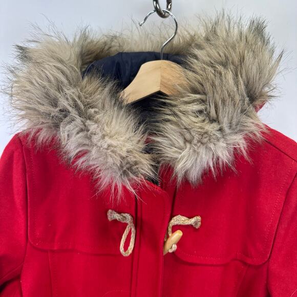American Eagle Wool Blend Red Fur Hood Toggle Button Pea Coat Womens Large - Picture 4 of 16